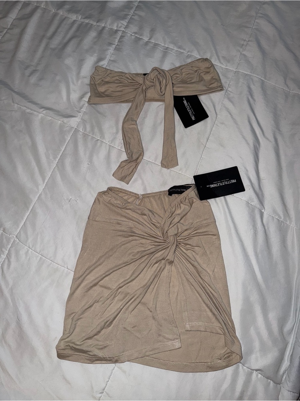 PrettyLittleThing Beige Tie-Front Mini Skirt Set